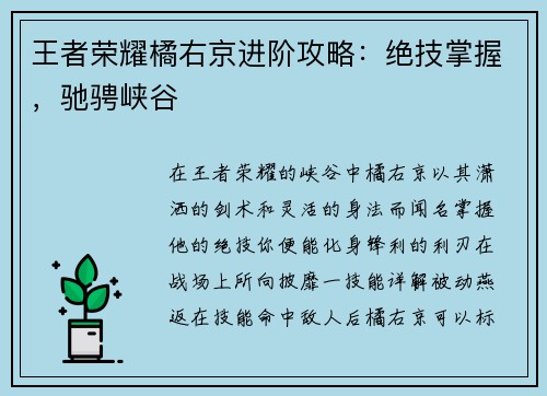 王者荣耀橘右京进阶攻略：绝技掌握，驰骋峡谷